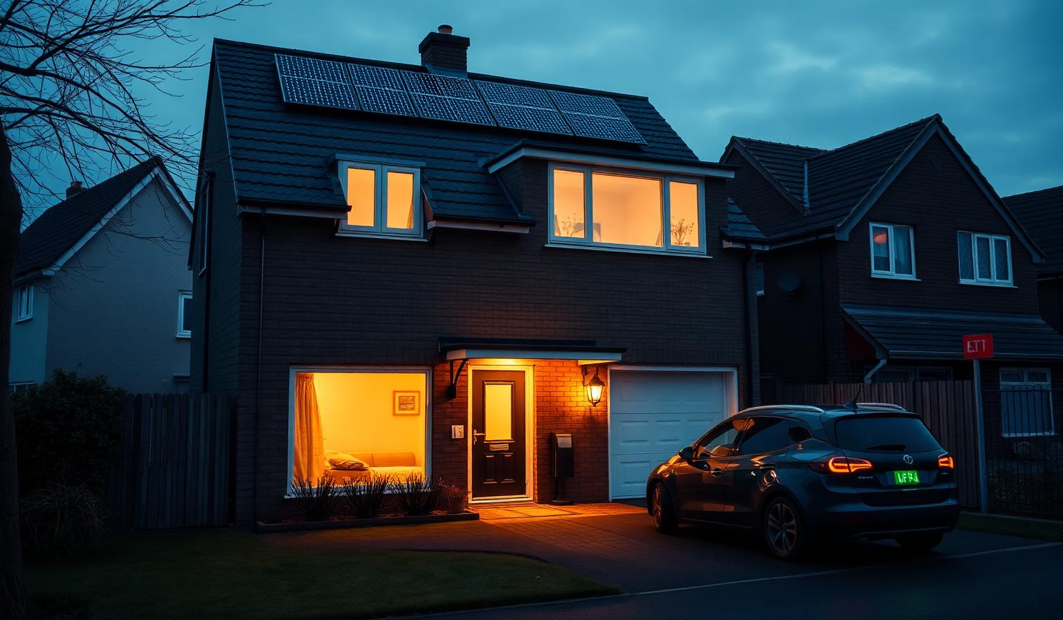 UK home with solar panels and EV charging at dusk